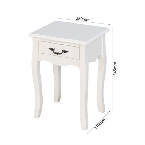 Floor Standing Bedside Table w/ Curved Legs & Drawer (White)