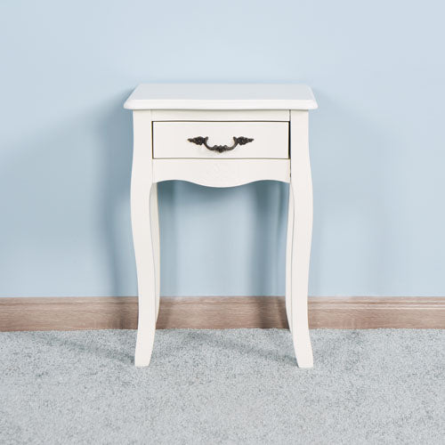 Floor Standing Bedside Table w/ Curved Legs & Drawer (White)