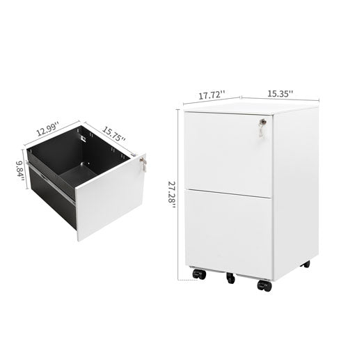 2 Drawers File Cabinet with Anti-Tilt Wheels & Lock (White)