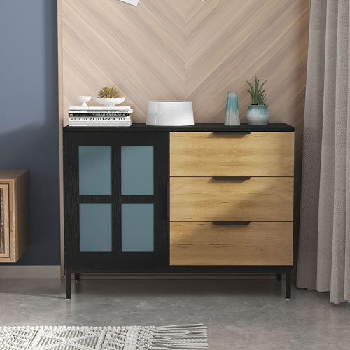 Dresser Cabinet with Glass Door & 3 Drawers (Black+Brown)