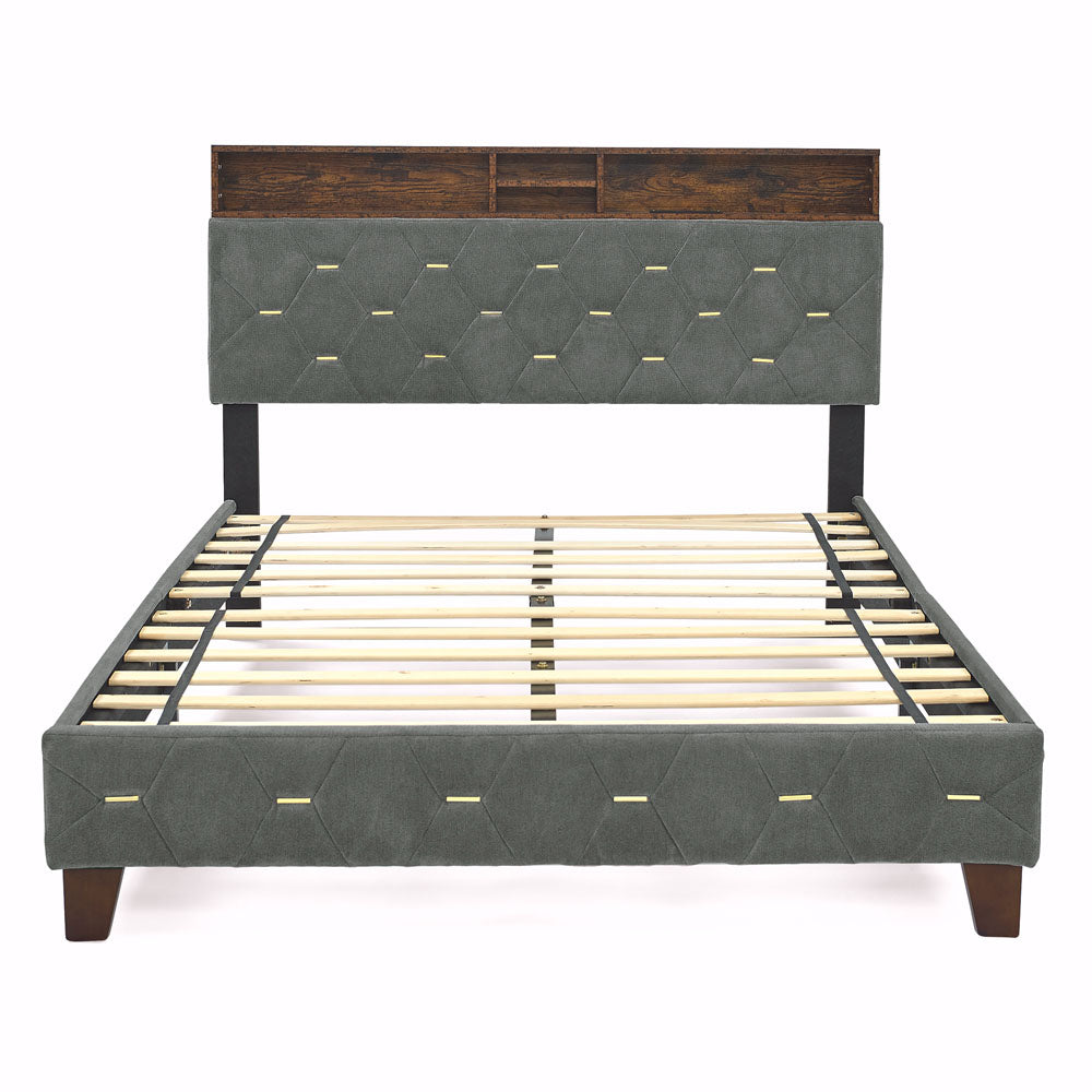 Full-Sized Bedframe with Upholstered Headboard (Grey)