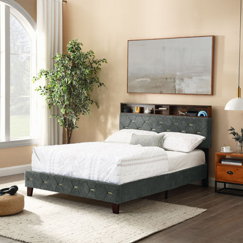 Full-Sized Bedframe with Upholstered Headboard (Grey)