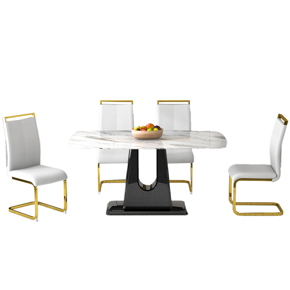 Marble Like Table & Gold Plated Dining Chair Set