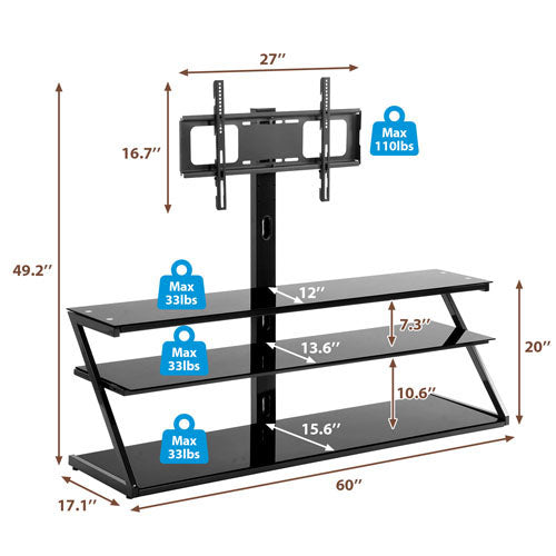 Floor Media Storage Stand with Swivel Bracket (Black)