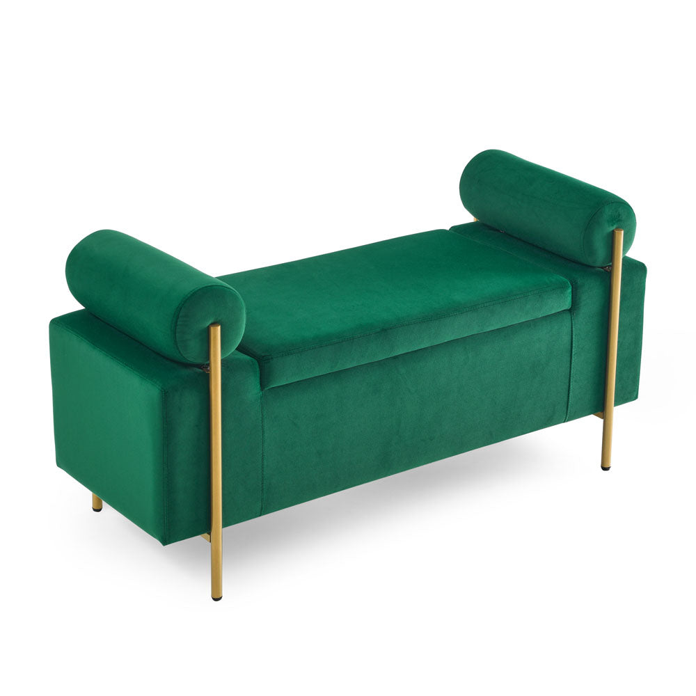 Upholstered Bench with Cylindrical Arms & Iron Legs (Green)