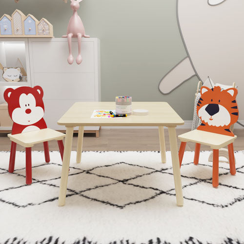 Animal Designed Kid's Wooden Table with 2 Chair Set