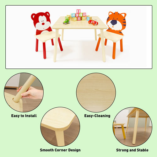 Animal Designed Kid's Wooden Table with 2 Chair Set