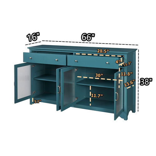 66" TV Storage Buffet Cabinet with Glass Door (Teal Blue)