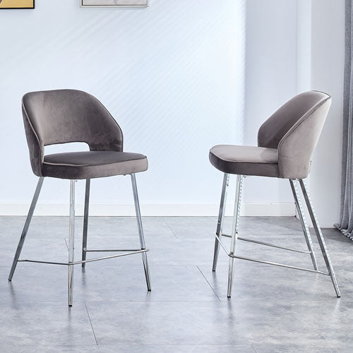 Velvet Dining Barstool w/ Anti Slip Metal Framed Legs (Grey)