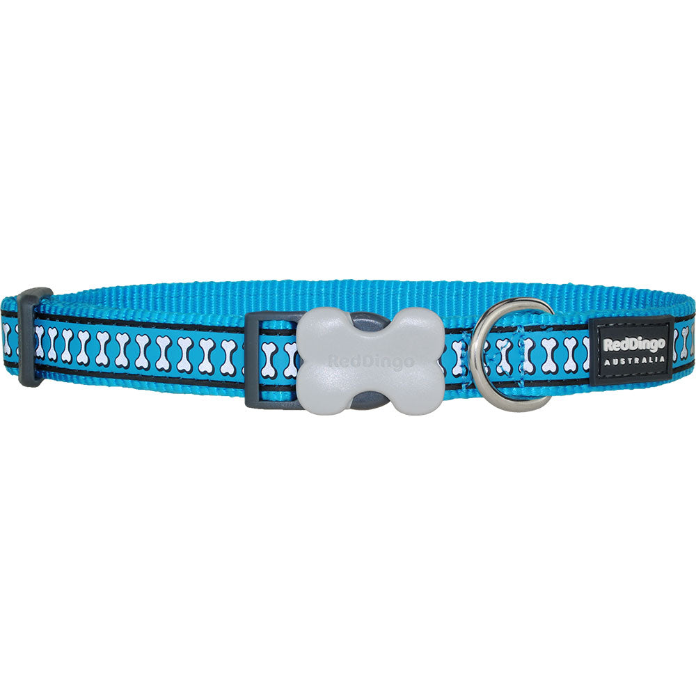 Dog Collar with Reflective Bones Design (Turquoise)